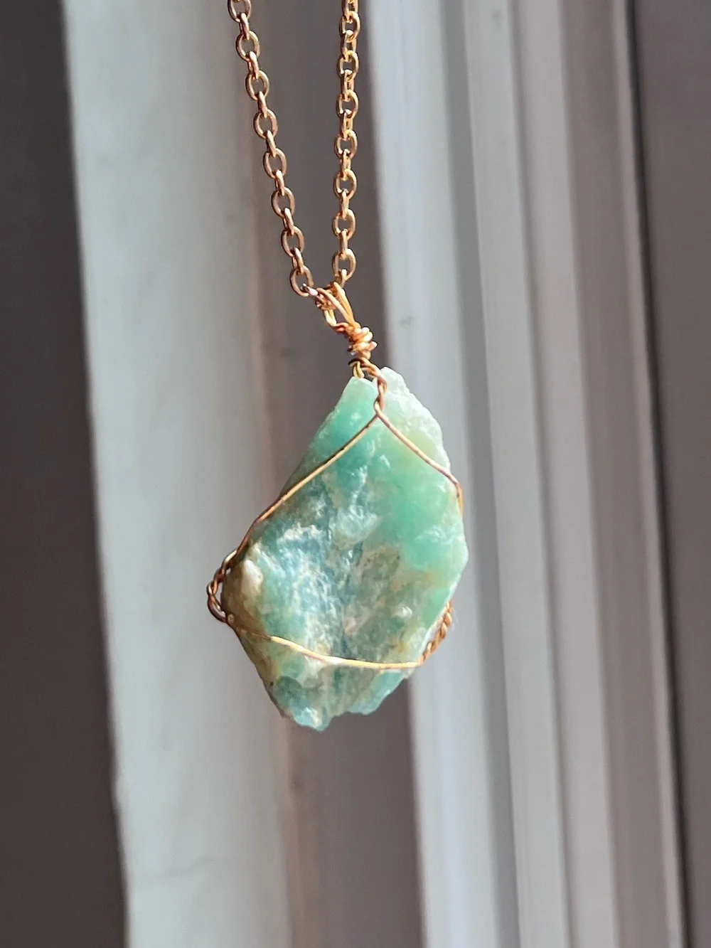 AMAZONITE raw cute natural wire wrapped stone pendant necklace on gold chain NEW